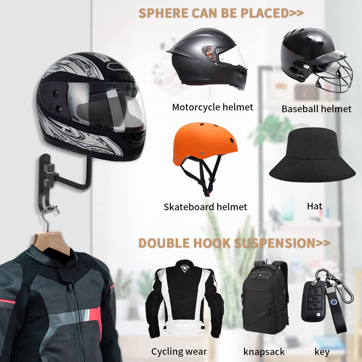 Vuaohiy Motorcycle Helmet Rack, Helmet Holder Wall Mount 180° Rotation Hanger With 2 Hook For Coats, Caps, Motorcycle Accessories (Black, 1 Pcs)