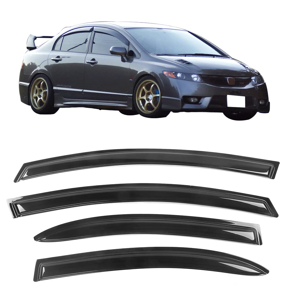 Tape On Window Visor Compatible With 2006-2011 Honda Civic Sedan Only, Slim Style Acrylic Smoke Tinted Sun Rain Wind Guards Shie