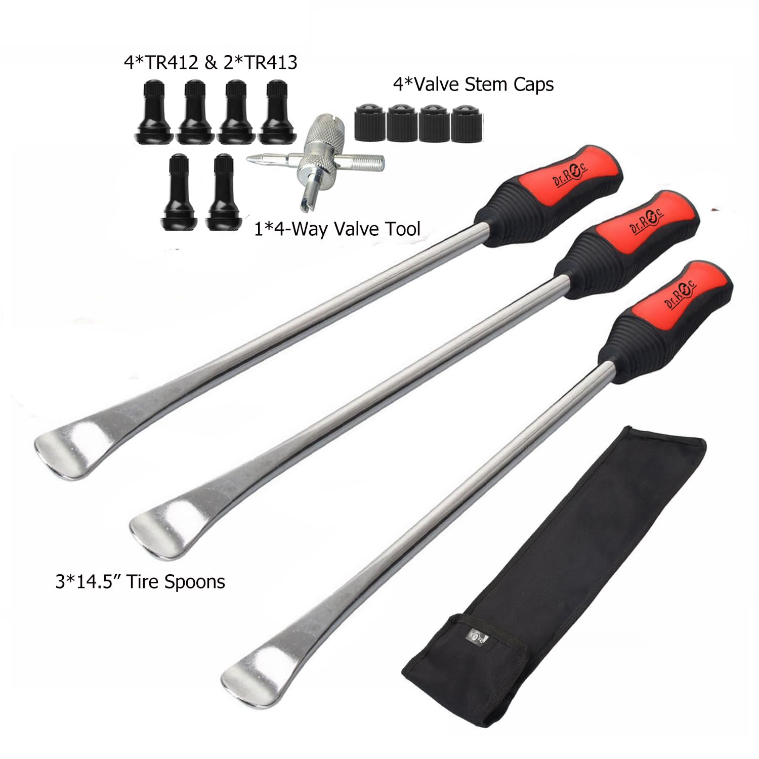 Dr.Roc 14.5 inch Perfect Leverage Tire Spoon Lever Iron Tool Kit Motorcycle Dirt Bike Lawn Mower Professional Tire Changing Tool with Stable Bag 3 PCS Tire Spoons with Tire Valve Stem TR412 TR413