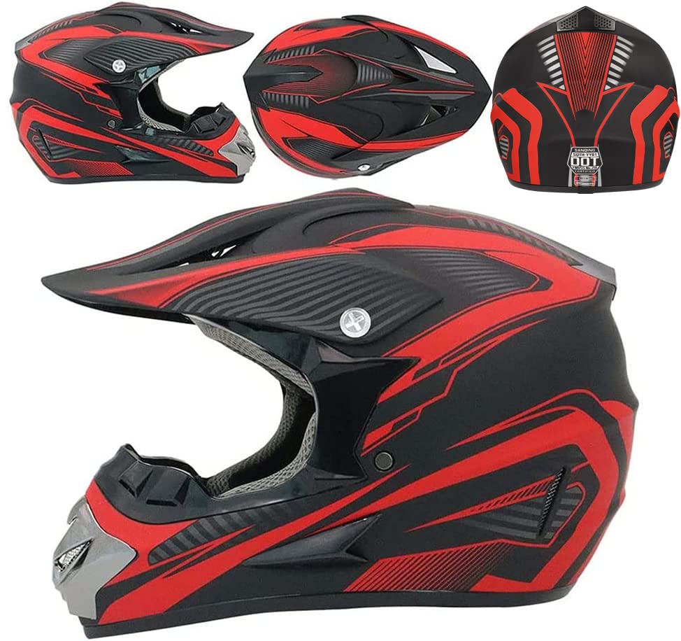 Motocross Helmet,Youth Kids Trend Full Face Helmet,Atv Motorcycle Helmet,Dirt Bike Downhill Off-Road Mountain Bike Helmet,Dot Certified,4-Piece Set (Red, S)