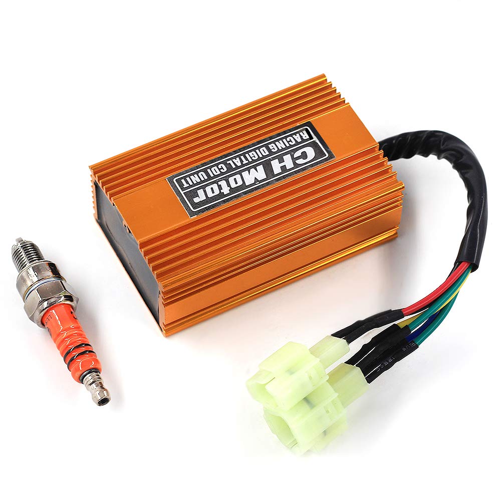 Trkimal Upgrade Racing Tuning Dc Cdi Box 6Pin + Spark Plug For Gy6 125Cc 150Cc 250Cc 4 Stroke 152Qmi/157Qmj Engine, Moped Scooter Atv Go Kart No Rev Limit