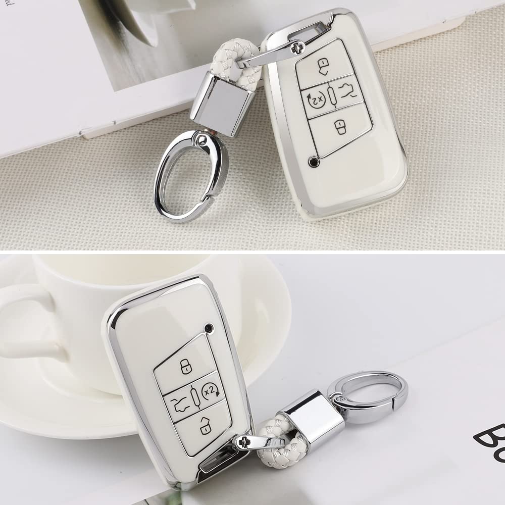 1797 For Volkswagen Vw Key Fob Cover Jetta Tiguan Arteon Atlas Taos Accessories Car Key Chain Case Shell Protector Women Men 4 Button White Silver Tpu