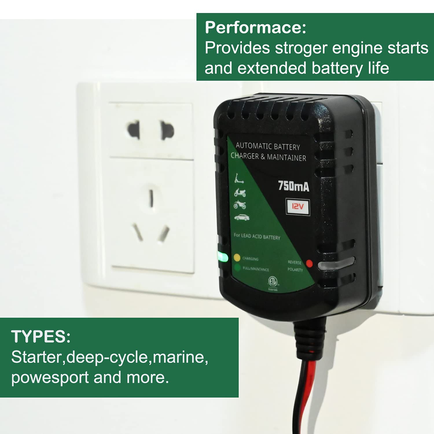 12 Volt Battery Charger 750Ma Automatic Battery Maintainer Trickle Battery Charger Smart Float Charger For Automotive Car Motorc