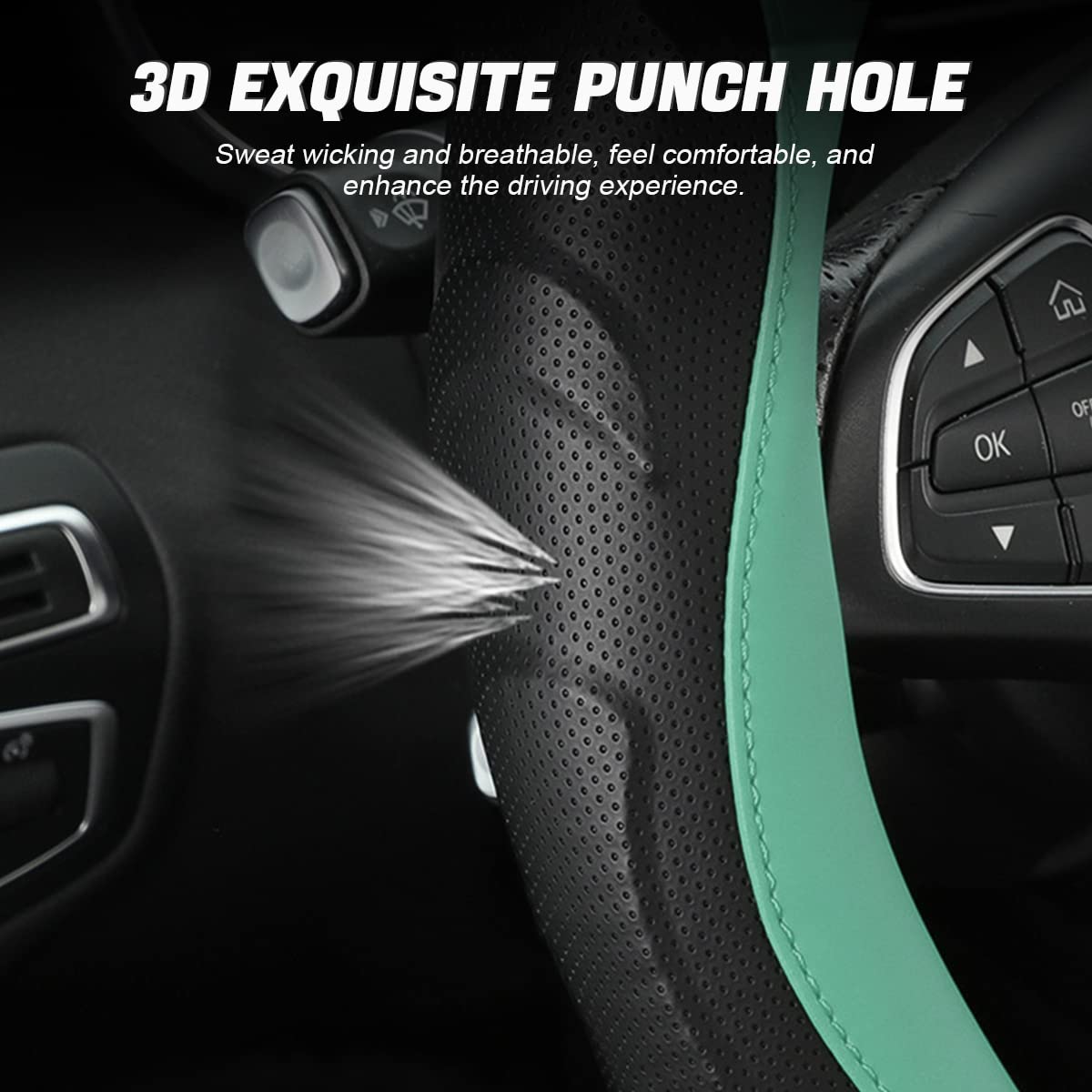 Leather Steering Wheel Cover, Auto Car Stretch Steering Wheel Protector, Universal 15 Inch Anti-Slip Breathable Odorless Steering Wheel Cover For Men Women (Black/Blue)