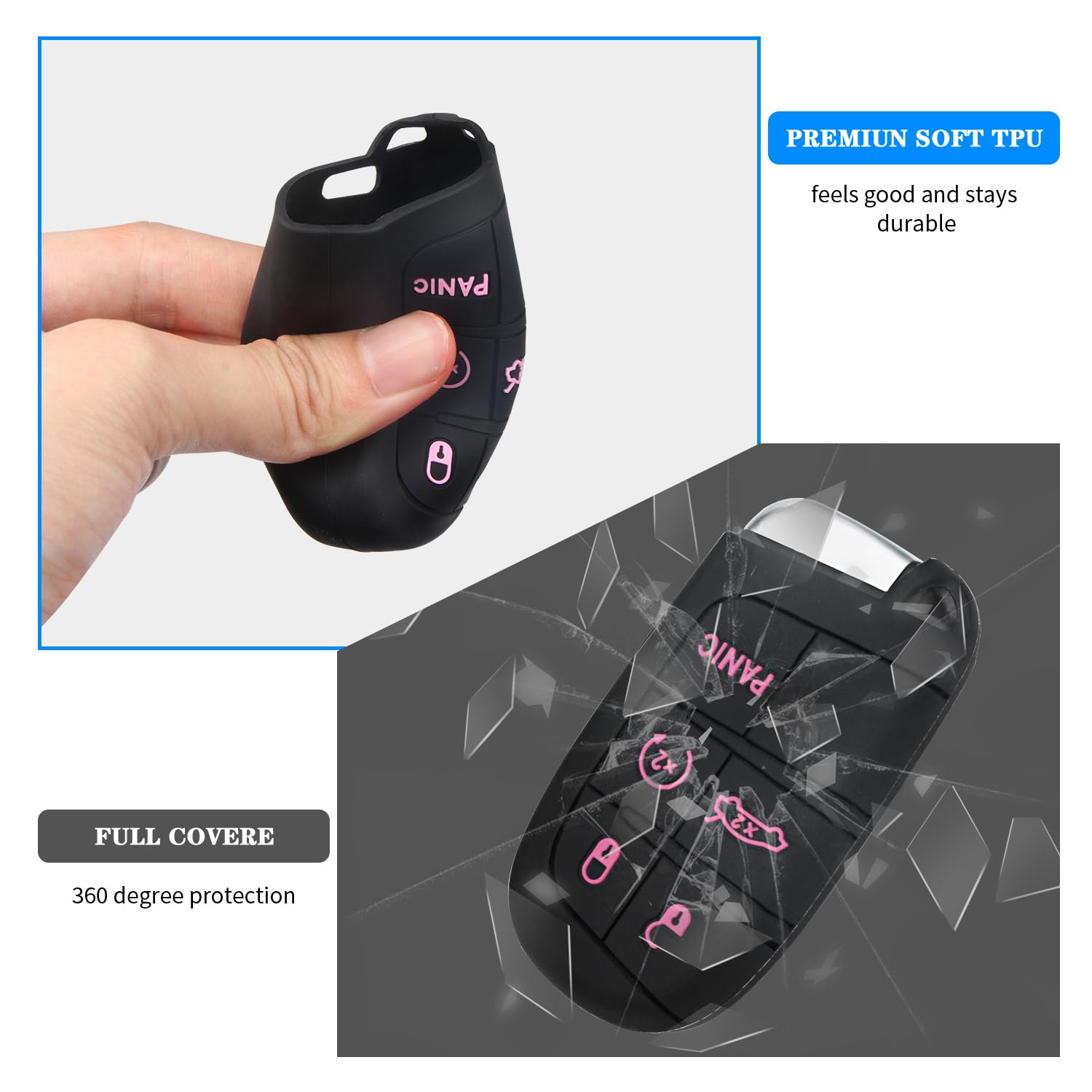 Qbuc Silicone Remote Case For Dodge Grand Cherokee - 5 Button Key Fob Cover (Black Pink)