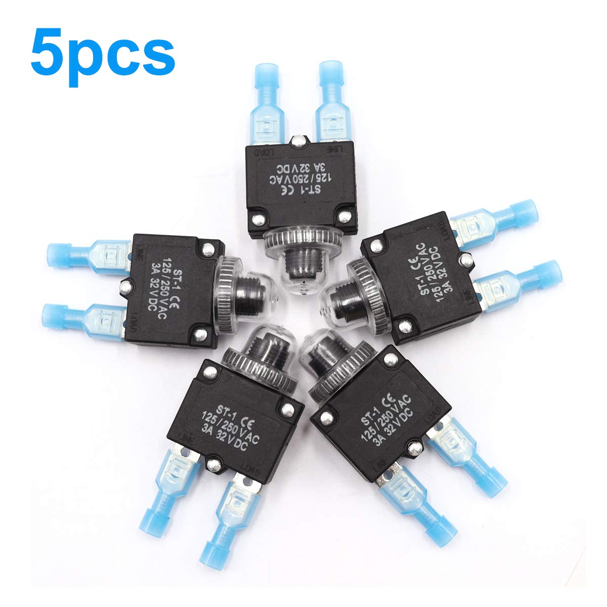 Mxuteuk 5Pcs 3Amp Circuit Breakers Push Button Manual Reset 125/250V Ac 32V Dc,Overload Protector Switch Thermal Circuit Breakers With Quick Connect Terminals And Waterproof Button Caps St1-5-3A