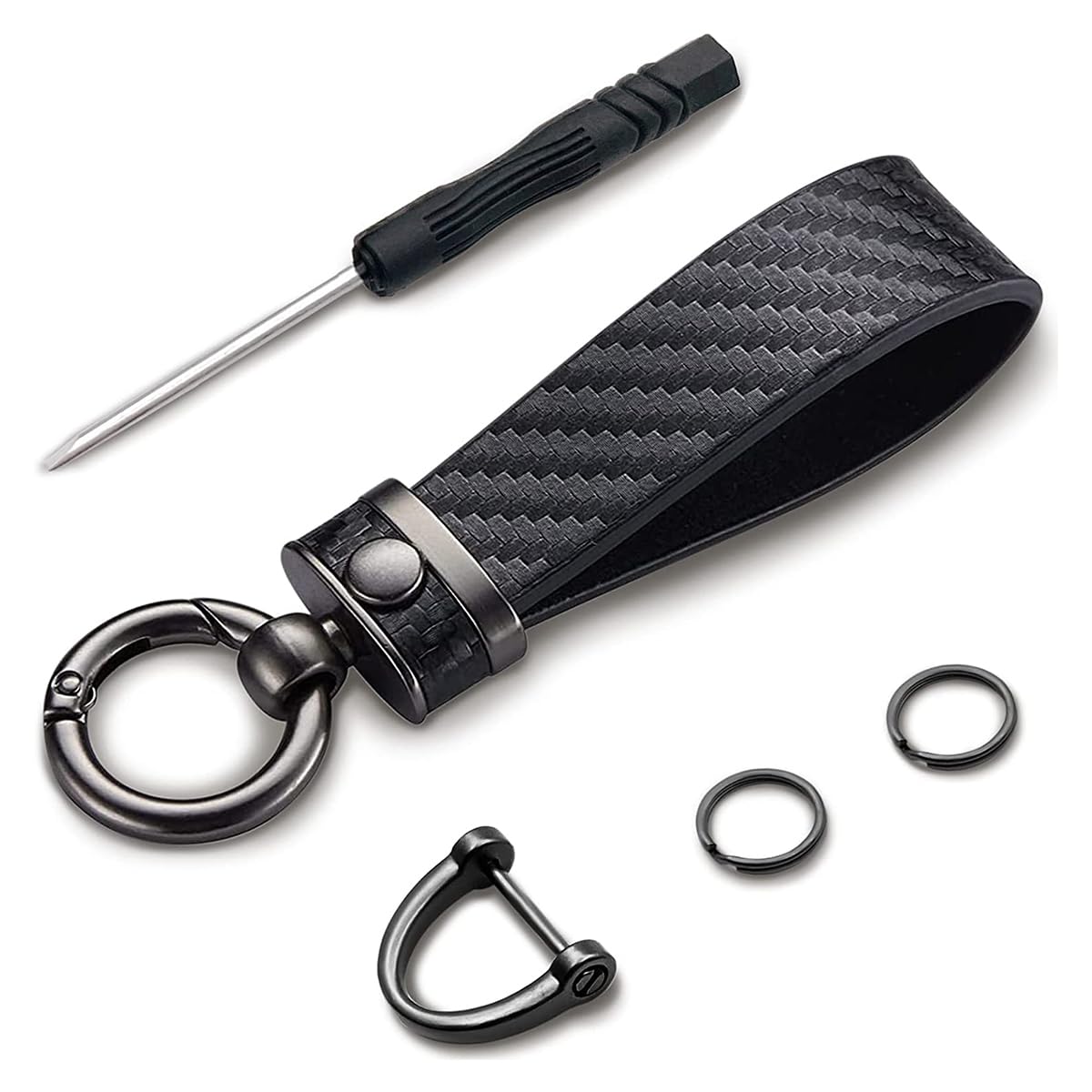 Kewucn Carbon Fiber Style Car Key Chain, Microfiber Leather Keychain, 360 Degree Rotatable Anti-Lost D-Ring Key Fob Holder (Blac