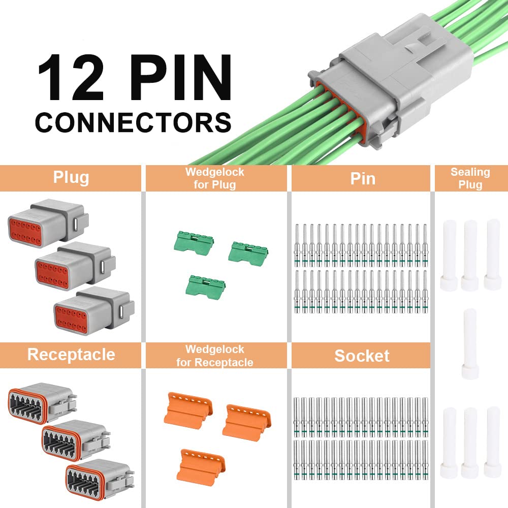 Jrready St6117 Dt Series Connector 12 Pin Gray Waterproof Electrical Wire Connector Plug Receptacle With Solid Contact And Seal Plug,3 Sets