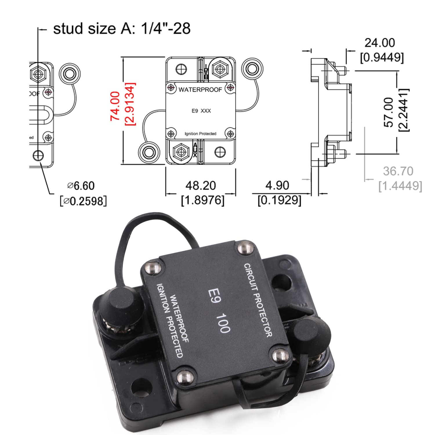 T Tocas Hi-Amp Circuit Breaker Marine Auto Reset Circuit Breakers No Switch Button Waterproof Ip67 Marine Automotive Truck (100A