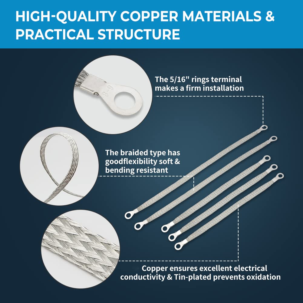 Universal Automotive Ground Strap, Alpha Rider 3Pcs 10''X 1/2'' & 2Pcs 13'' X 1/2'' Professional Vehicle Grounding Cable Straps,