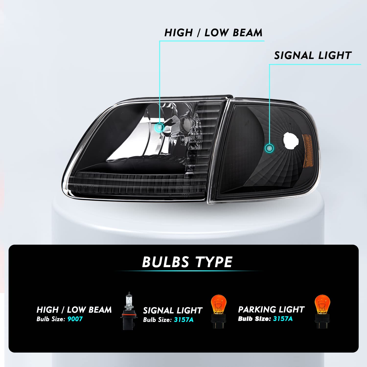 Tusdar Headlight Assembly Compatible With 97-03 Ford F150 / 04 Ford F150 Heritage / 97-02 Ford Expedition / 97-99 Ford F250 W/Corner Lights 4Pcs, Black Housing With Amber Reflector