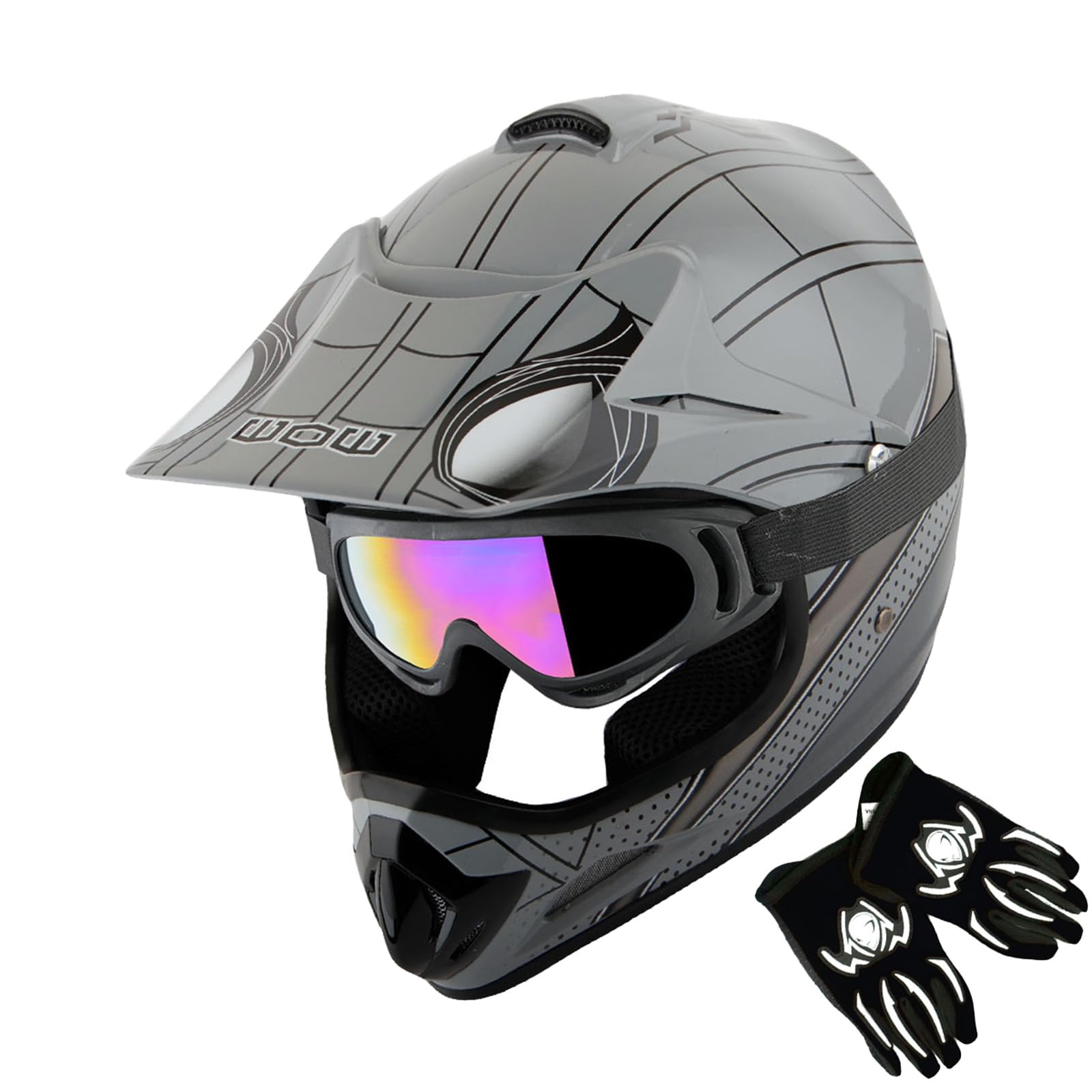 Wow Youth Kids Motocross Helmet Bmx Mx Atv Dirt Bike Helmet Spider Black + Goggles + Mg Youth Black Glove Bundle