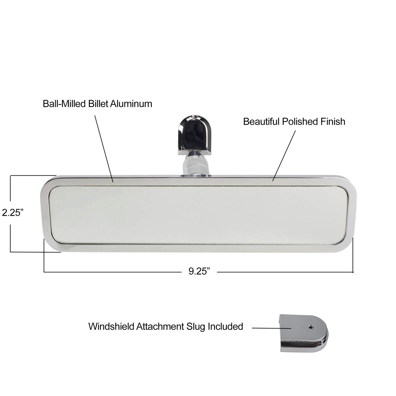 Speedway Motors Polished Ball Milled Billet Aluminum Interior Rear View Mirror, Attached Pivot Ball Allows Easy Adjustment, Rectangular Shape, 9.25” Wide x 2.38” Tall