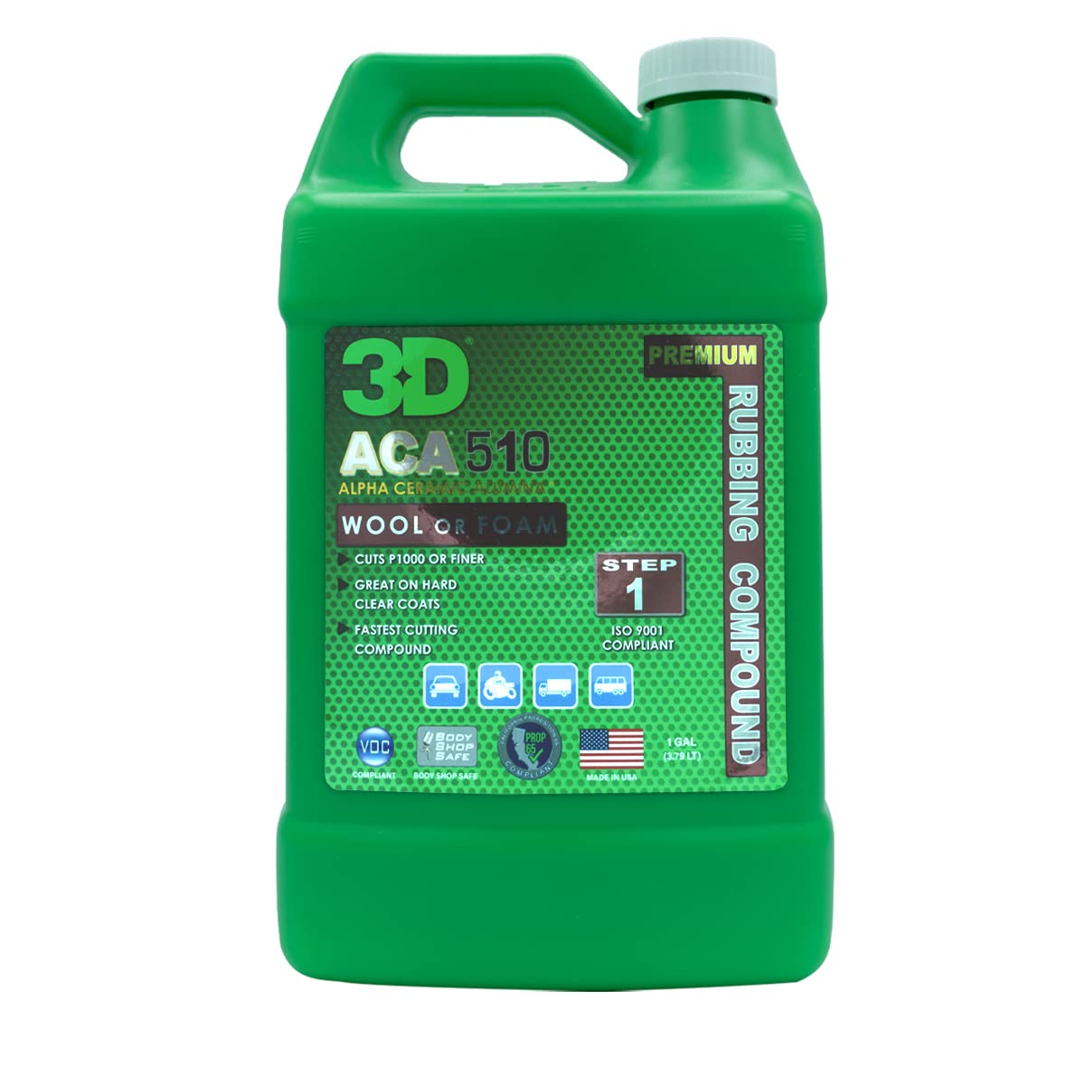 3D Aca 510 Premium Rubbing Compound - 1 Gallon - Step 1 Fastest Cutting Body Shop Compound With Wool Or Foam Pad - Cuts P1000 Or