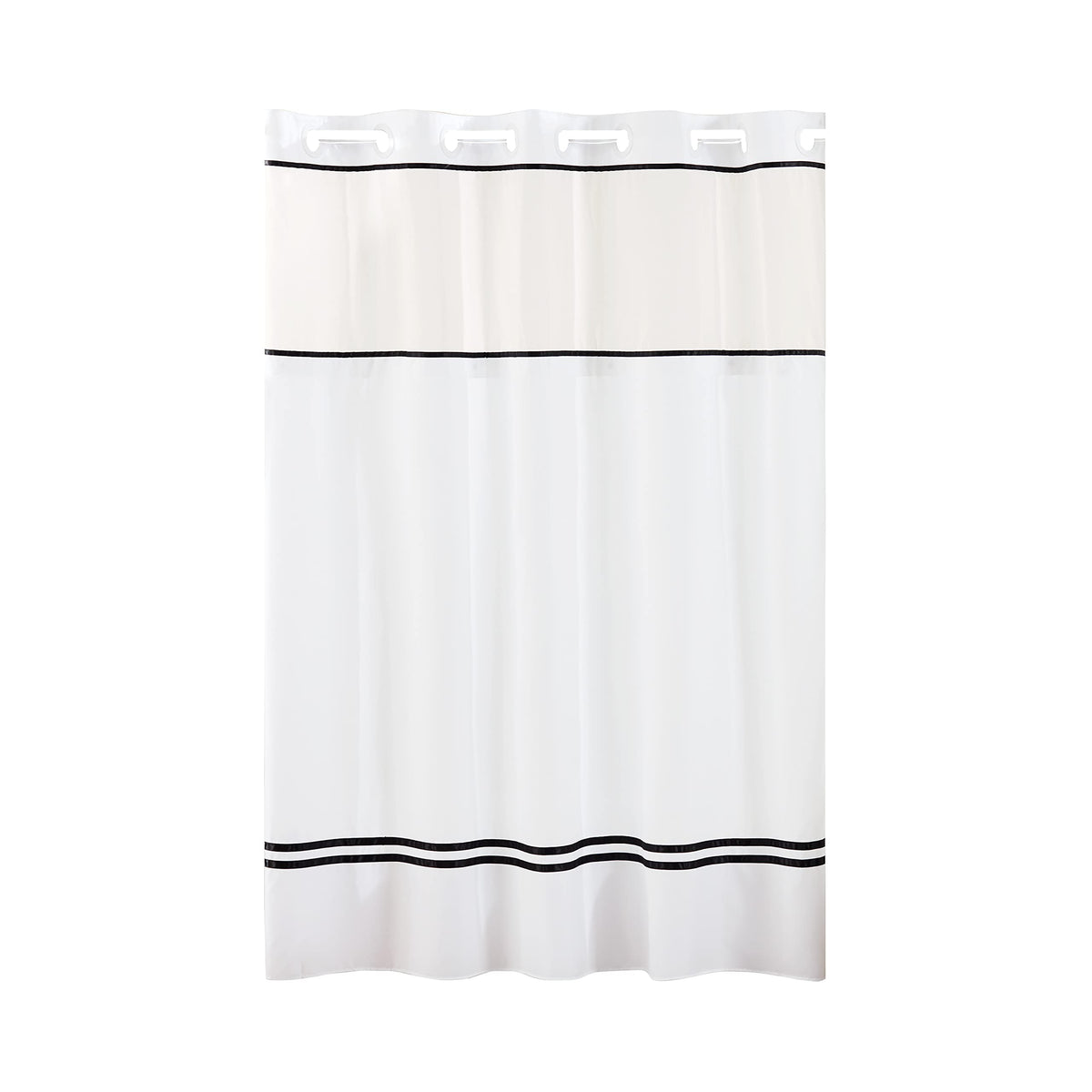 Hookless It'S A Snap! Monterey Shower Curtain, 3-In-1 Shower Curtain Set Includes Fabric Shower Curtain With Sheer Top Window, Flex-On Rings & Peva Liner, 71' X 74', White/Black