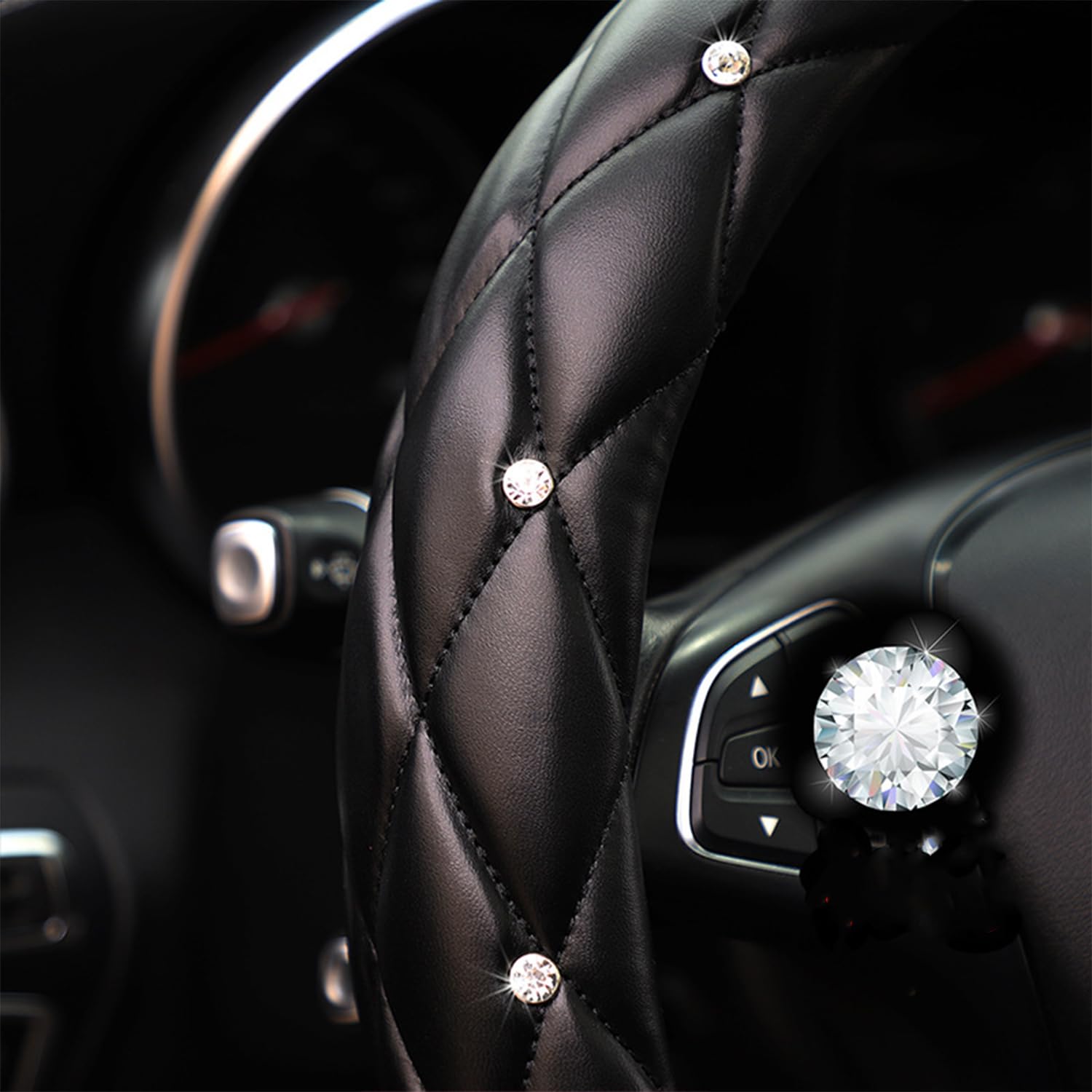 Yogurtck Diamond Soft Leather Anti-Slip Steering Wheel Cover With Bling Bling Crystal Rhinestones, Universal 15 Inch For Women Girls, Fit Vehicles, Sedans, Suvs, Vans, Trucks - Black