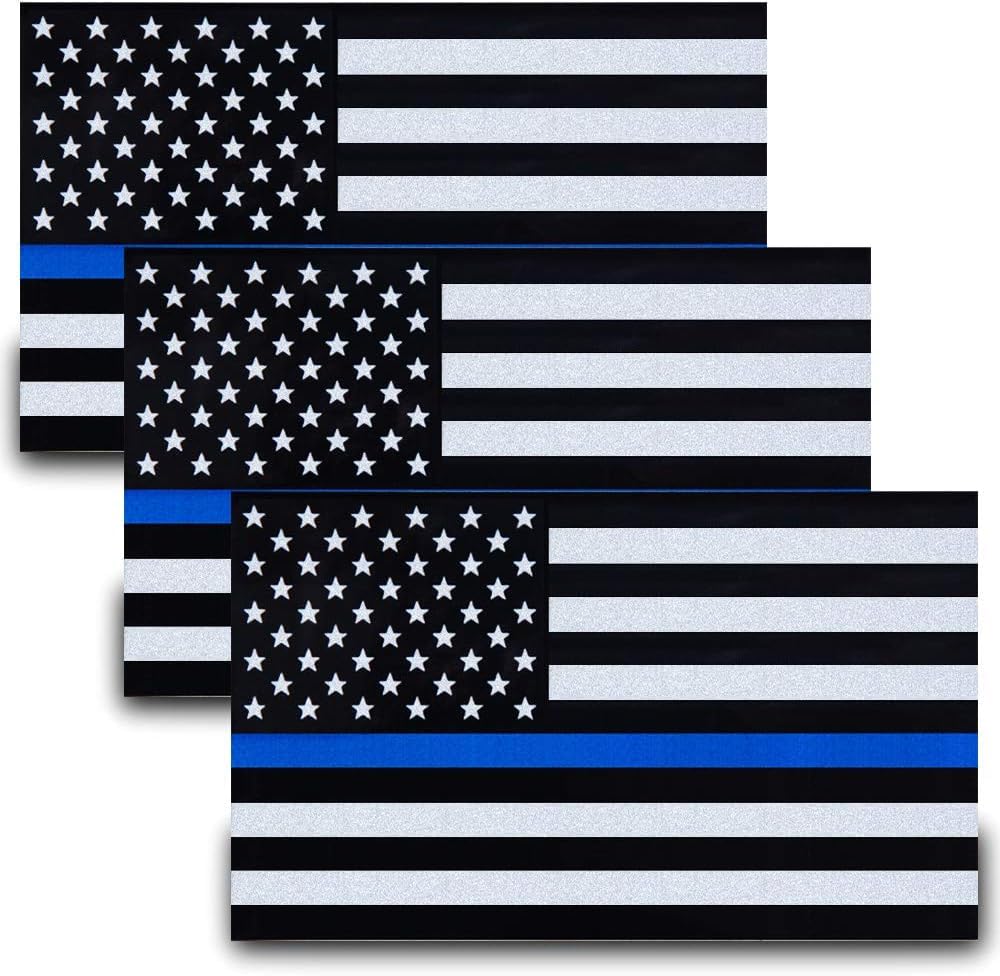 Besby 3Pcs Reflective Us Flag Stickers, Thin Blue Line American Flag Decal Car Laptop Bumer Sticker 5''X3'' Vinyl, Support Usa P