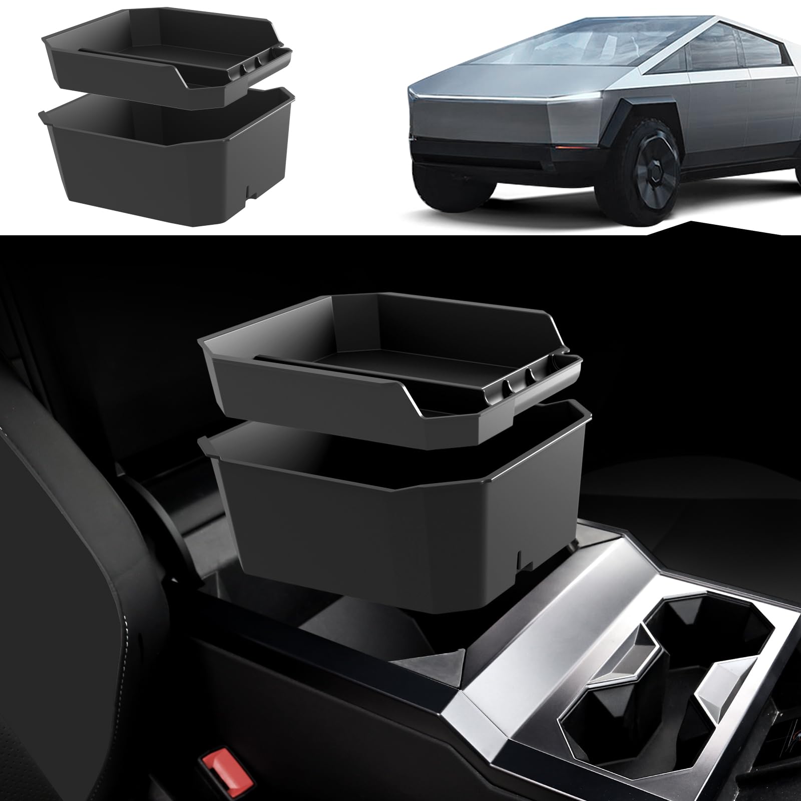 Foronetry Double Layer Center Console Organizer for Tesla Cybertruck 2025 2026 2024, ABS Console Tray Insert storage box for Cyb