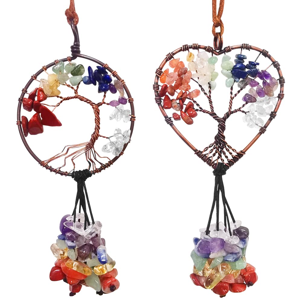 2 Pcs Tree of Life Car Mirror Hanging Accessories, AFUNTA 7 Chakra Crystals and Healing Stones Seven-Colored Stone Car Ornaments