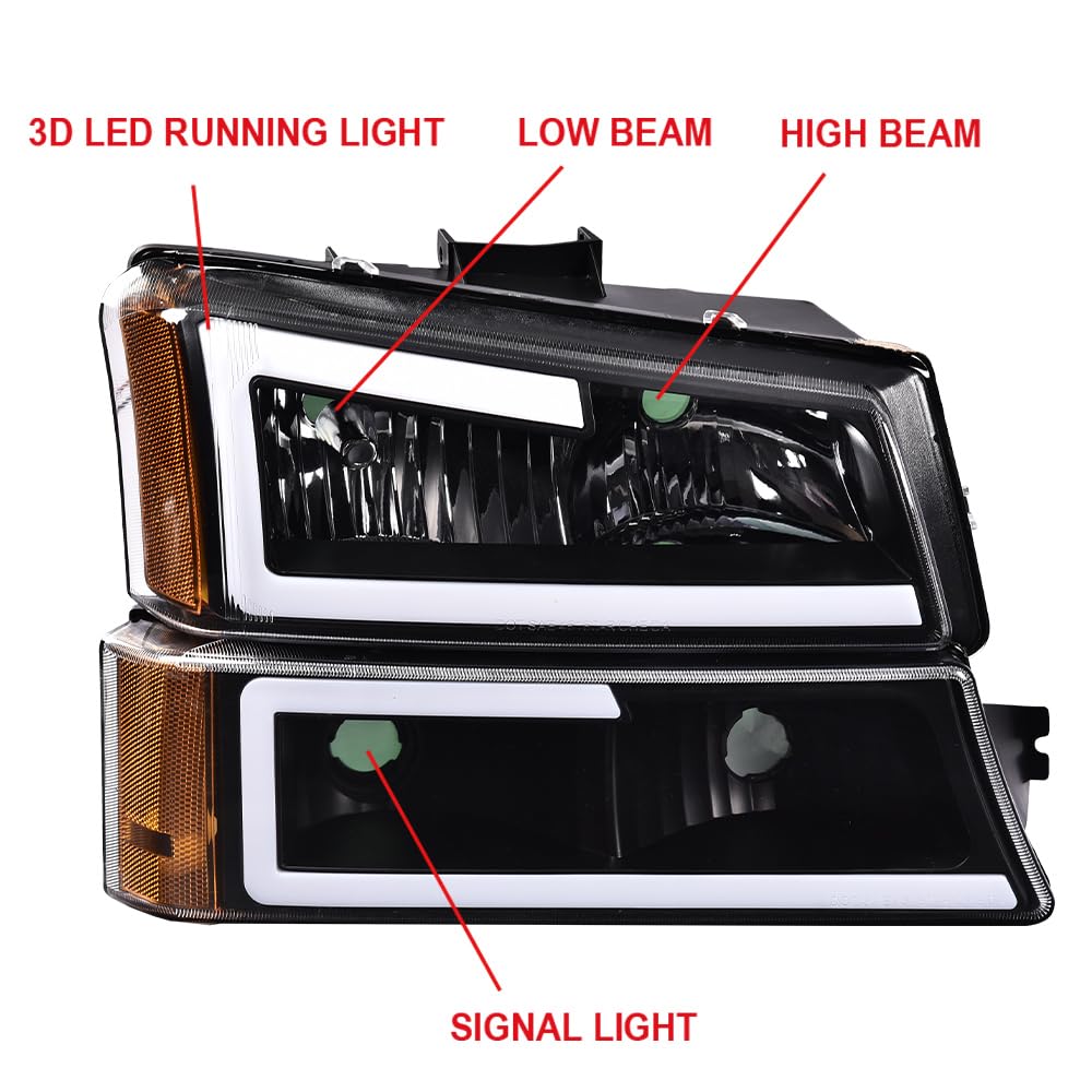 G-Plus Led Drl Headlights, Compatible With Chevy Avalanche 1500 2500 2003 2004 2005 2006 Bumper Headlamp Clear Lens Black Housin