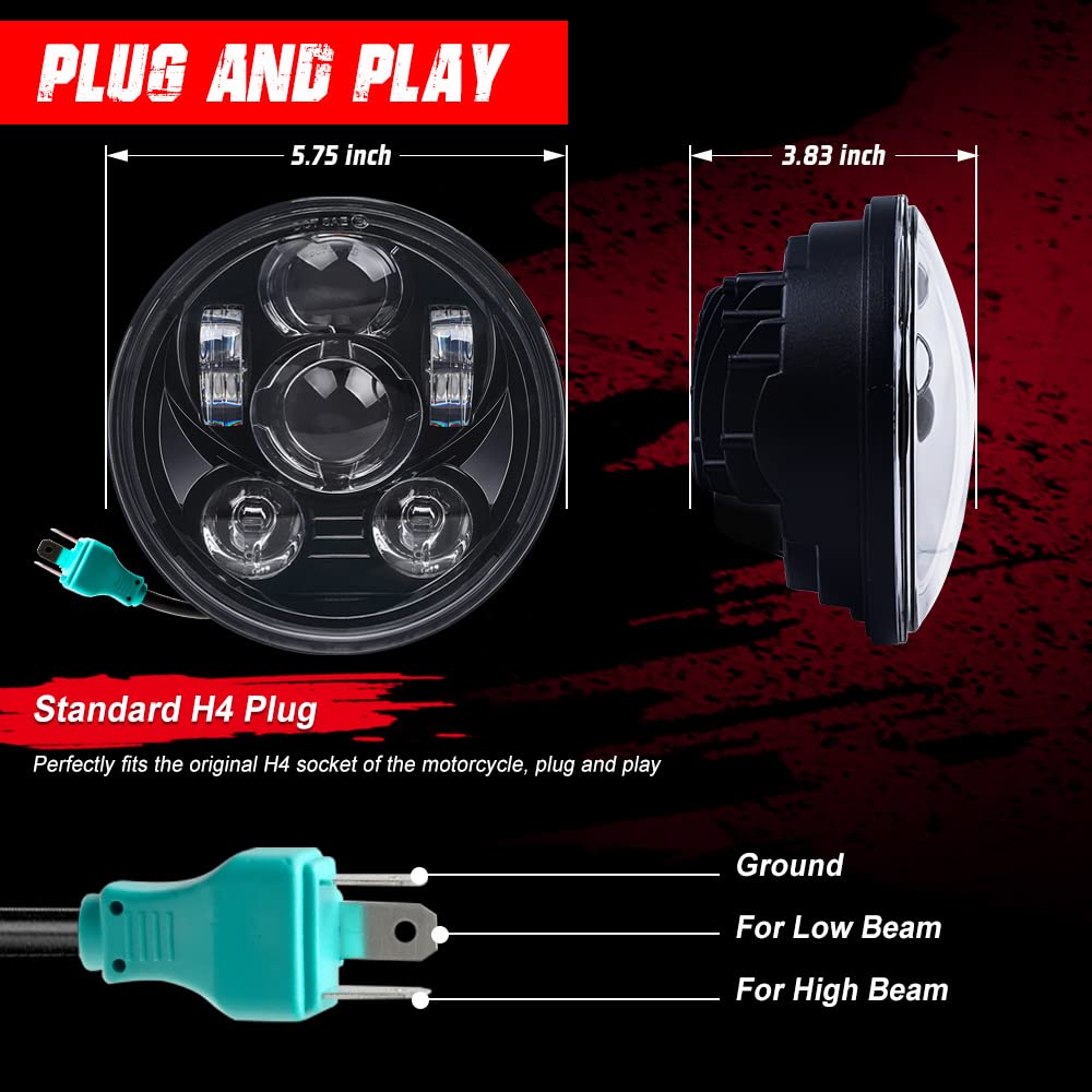 Tugwuetlwu 5-3/4 5.75 Inch LED Motorcycle Headlight Compatible with Harley Davidson Sportster Dyna Street Bob Low Rider Wide Gli