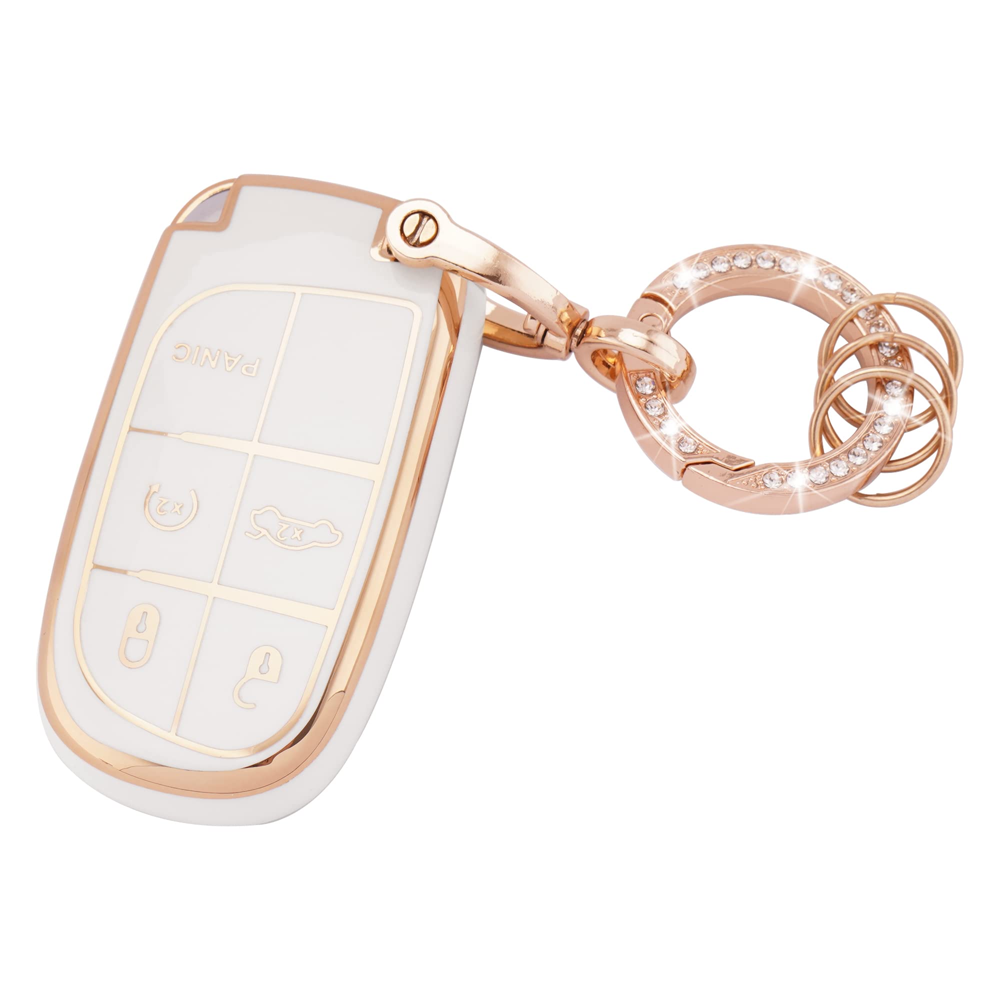 Ekala For Jeep Key Fob Cover Soft Tpu Full Protection Smart Key Case Shell With Bling Keychain Fit For Jeep Grand Cherokee Compass Renegade Dodge Chrysler 5 Buttons Smart Key Case Holder (R-Jep-W)