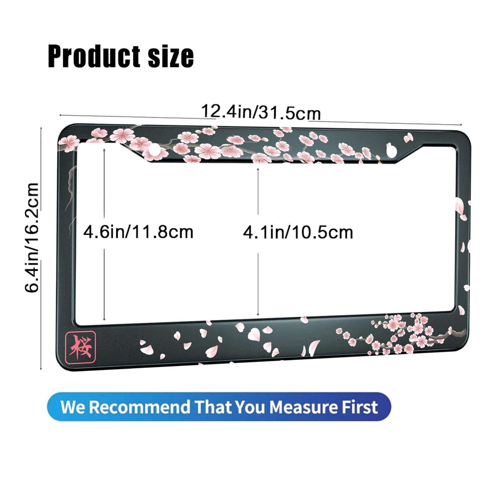Hosnye Japan Cherry Branch License Plate Frame Blooming Flowers Hieroglyph Metal License Plate Cover Front Plates Frames Car Tag