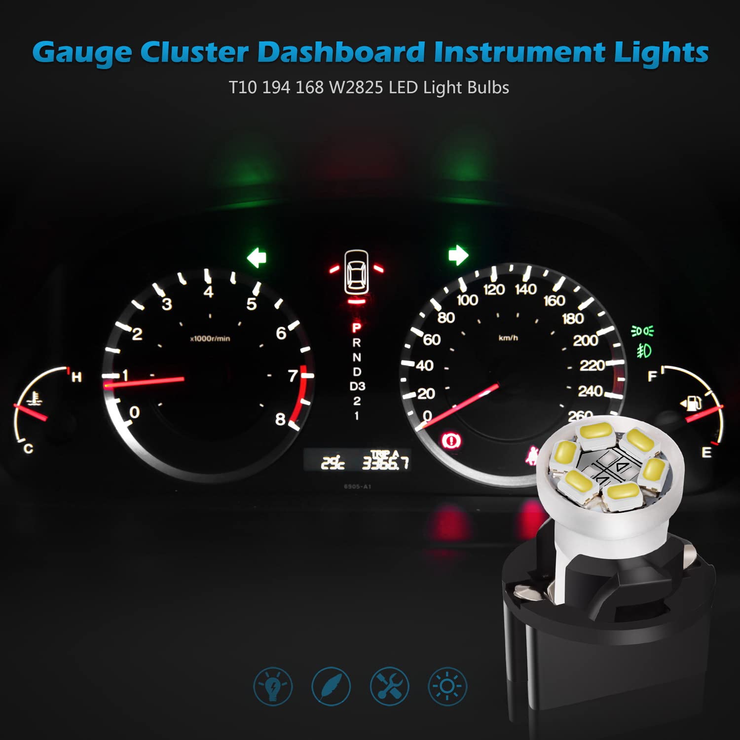 Partsam T10 194 168 Led Dash Instrument Light Bulbs White With Twist Lock Socket, Super Bright T10 Instrument Panel Gauge Cluste