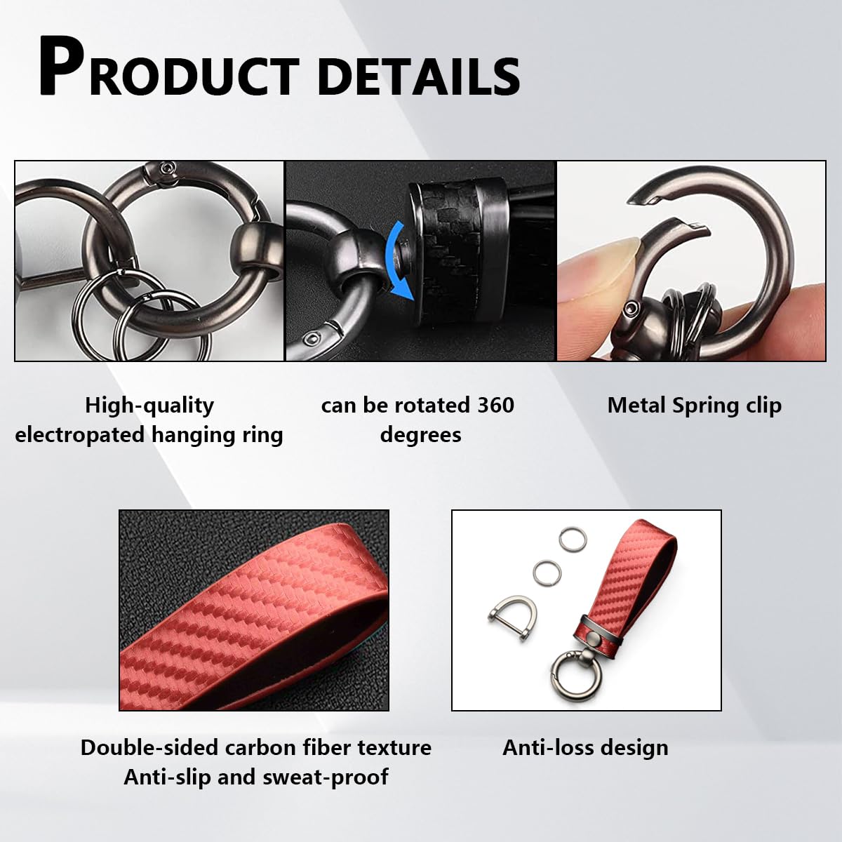 Ziciner Carbon Fiber Car Key Chain, Universal Premium Leather Car Key Fob, 360 Degree Rotatable With Anti-Lost D-Ring (Red)