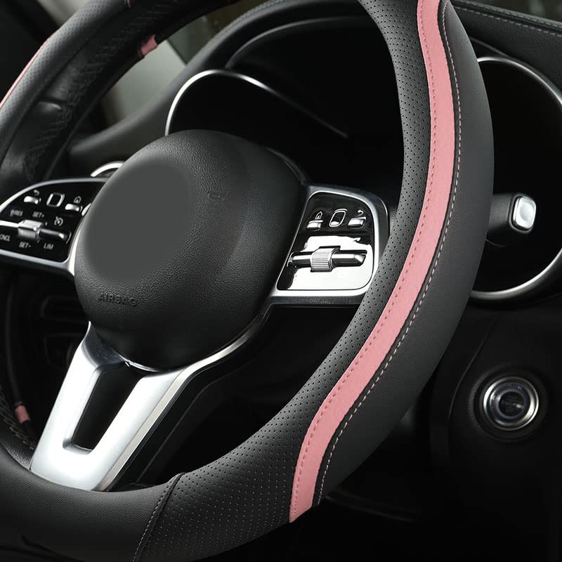 Car Steering Wheel Cover, Leather Steering Wheel Cover Pink Universal 14.5-15 Inch Microfiber Leather Anti-Slip Breathable Auto