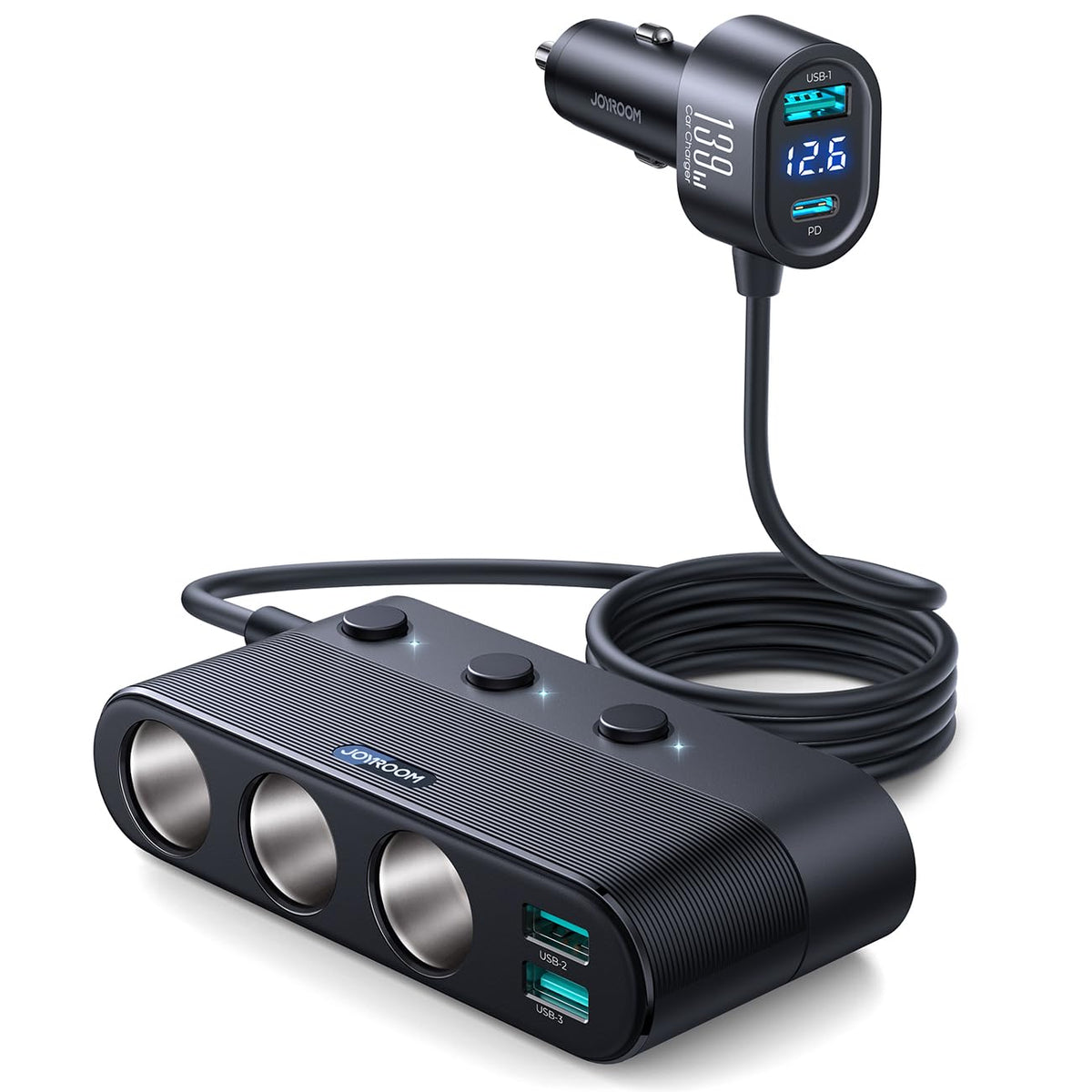 7 in 1 Cigarette Lighter Splitter, JOYROOM 139W Car Charger Adapter with PD30W Charge(3.3FT Cable), 24V/ 12V Car Splitter Adapte