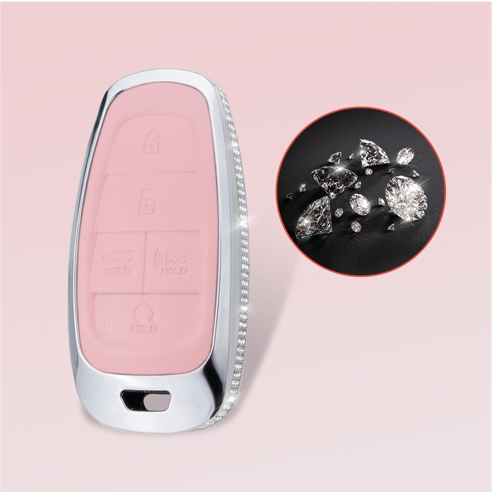 Ruabiban For Hyundai Key Fob Cover With Keychain, Pink Genuine Leather Crystal Key Case Protection Shell Compatible With 2019 20