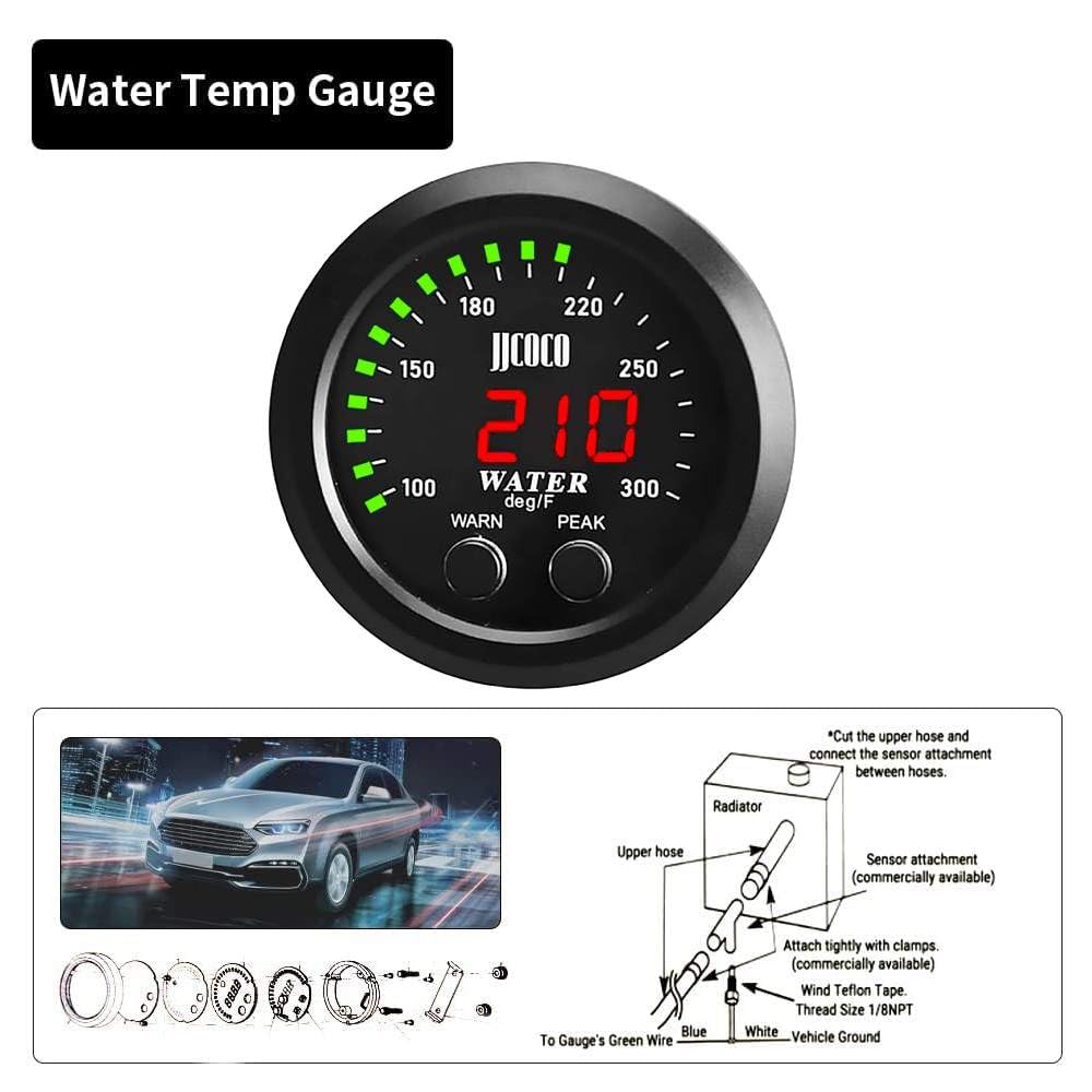 ZHSYMX Universal 52mm Water Temperature Gauge with Alarm and 1/8 Npt Sensor Car Digital Meter Red Display Green Ambient Light Te