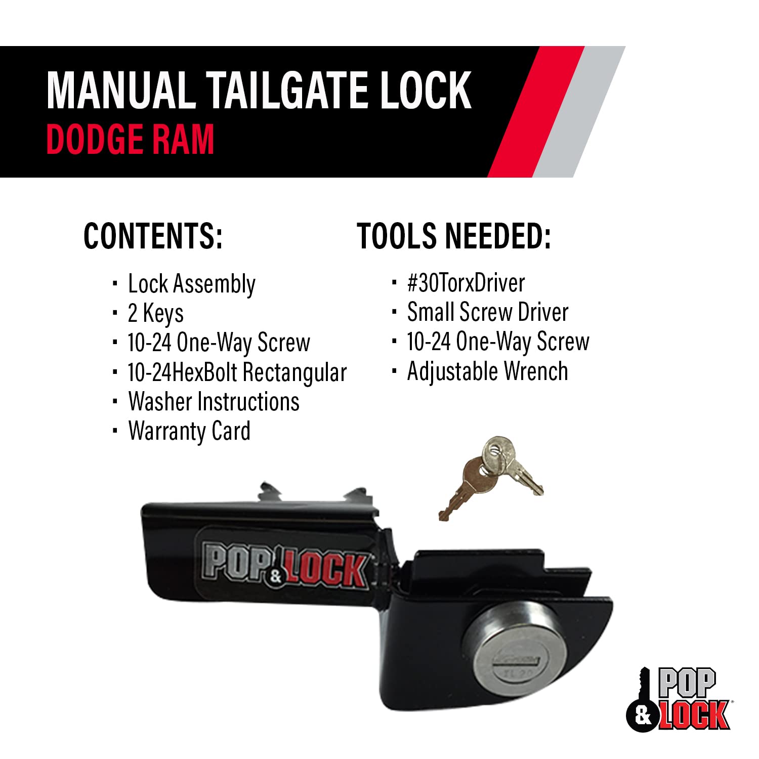 Pop & Lock - Manual Tailgate Lock For Dodge Ram 1500, 2500, And 3500, Fits 1994 To 2001 (Black, Pl3300, Works With No Factory Lo