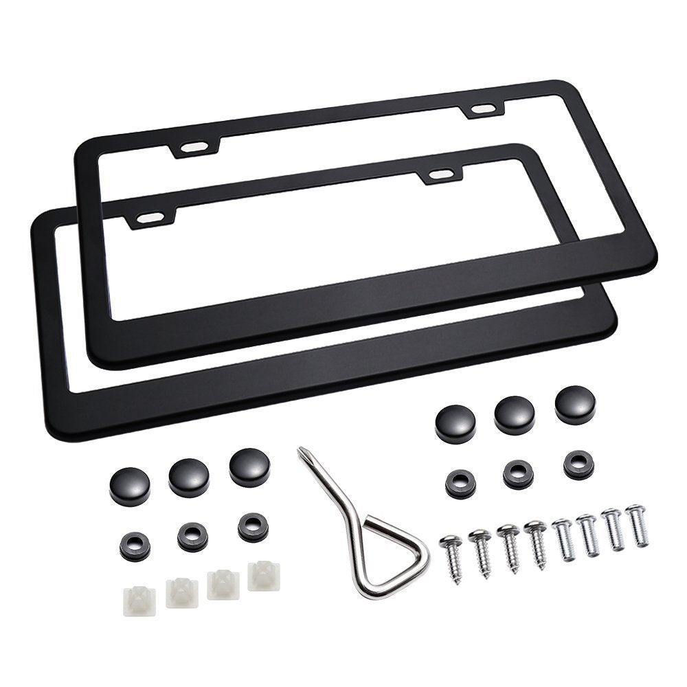 Ohuhu Matte Aluminum License Plate Frame With Black Screw Caps, 2Pcs 2 Holes Black Car Licenses Plate Covers Holders For Us Vehi
