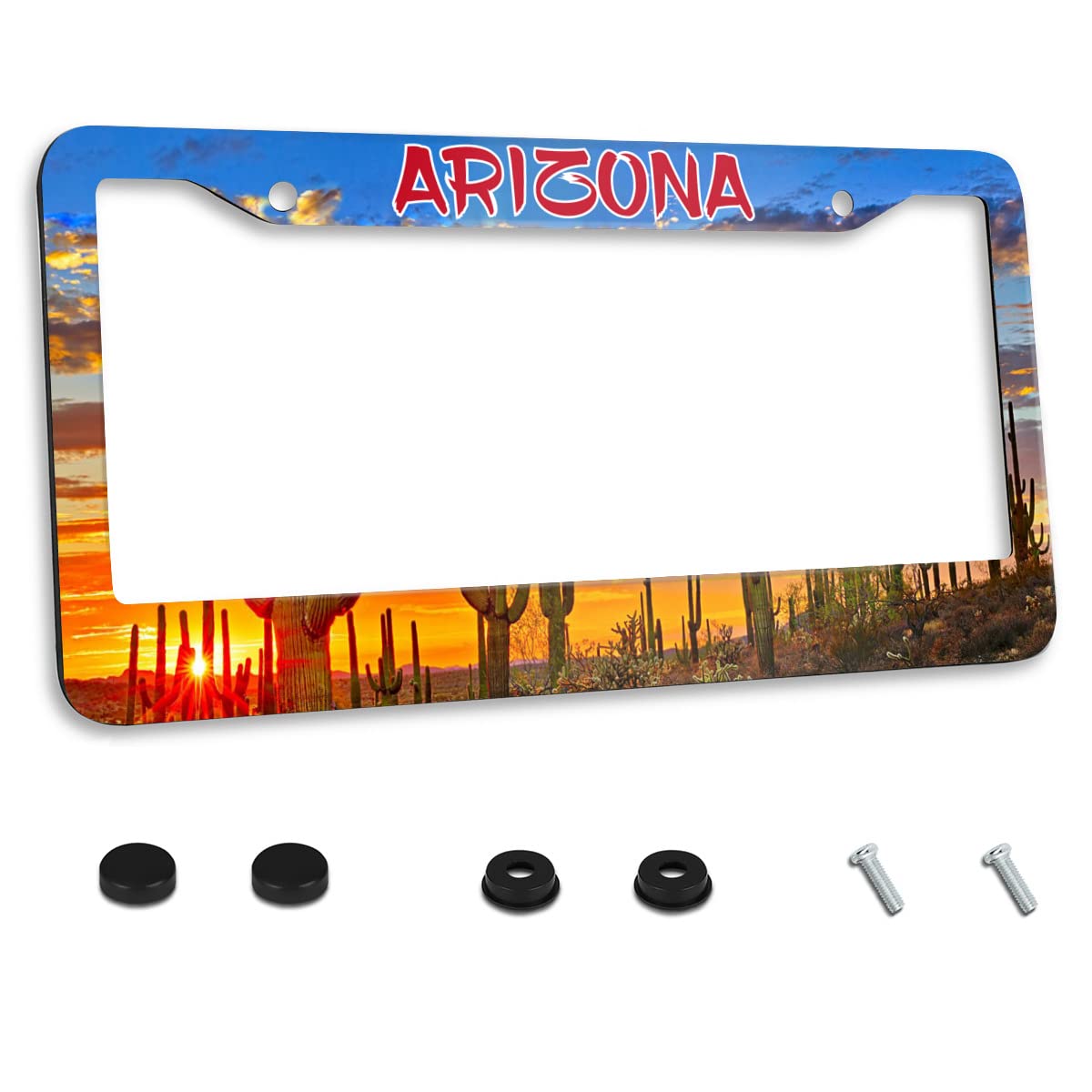 Arizona'S Sunset Desert Cactus License Plate Frame Stainless Steel Car Accessories Personalized License Plate Fits Standard U.S.