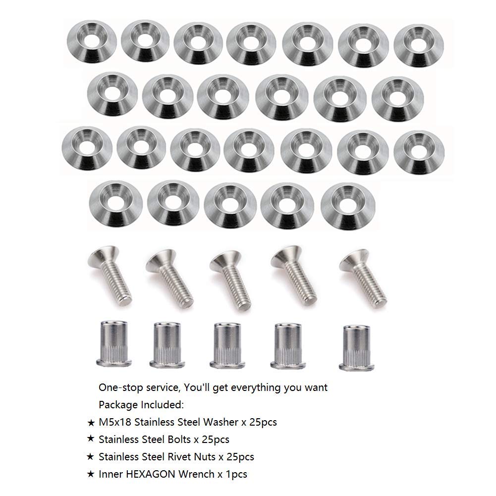 Stetion Stainless Steel 25 Pcs Fender Bumper Washer Bolt M5X20Mm Cnc Finishing Washer Engine Bay Dress Up Fastener Kit Flares Widebody Kit Installation Hardware