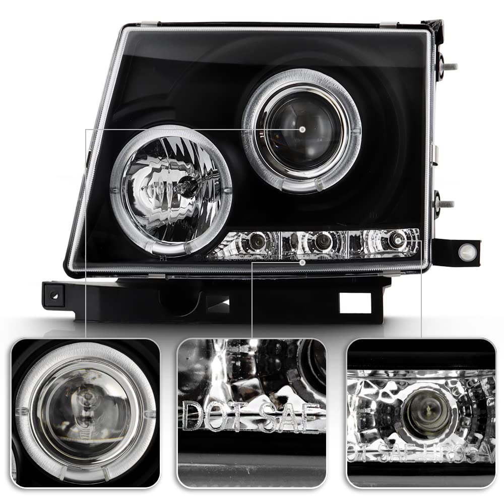 Acanii - For 1997-2000 Toyota Tacoma Pickup Truck Led Halo Ring Black Housing Projector Headlights Headlamps Left+Right