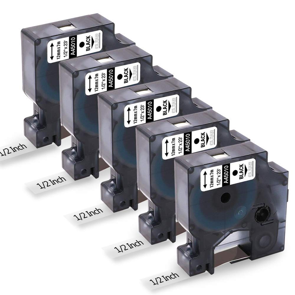 5-Pack Replace Dymo 45010 S0720500 Black On Clear Label Compatible Dymo D1 Label Tape Dymo Label Maker Refill,1/2 Inch X 23 Ft, 