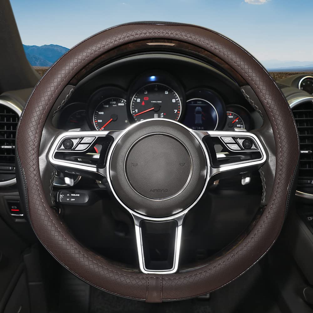 Car Steering Wheel Cover, Anti-Slip, Safety, Soft, Breathable, Heavy Duty, Thick, Full Surround, Sports Style (Black Brown)