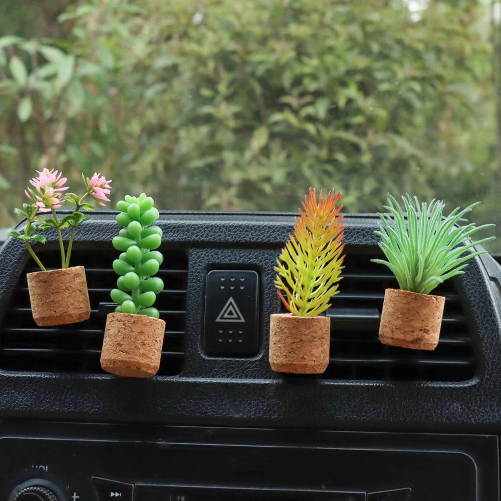 ZOSTLAND Artificial Plant Decor, Car Air Vent Clip & Magnet Display, Auto & Home Accessory Gift (4pcs Plants)