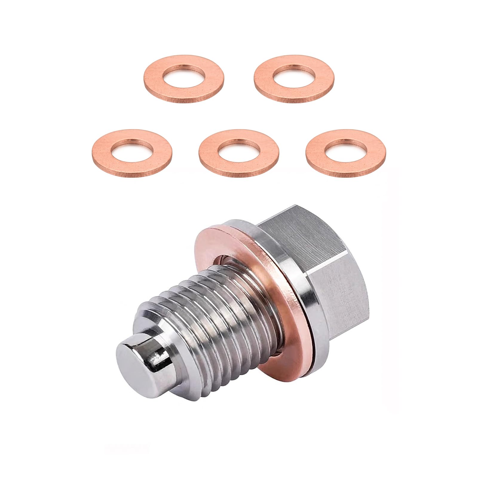 Povtii M12 X 1.25 Magnetic Oil Drain Plug, Stainless Steel Sump Drain Nut Bolt With 5 Crush Washer Gaskets, Leak-Proof Oil Drain