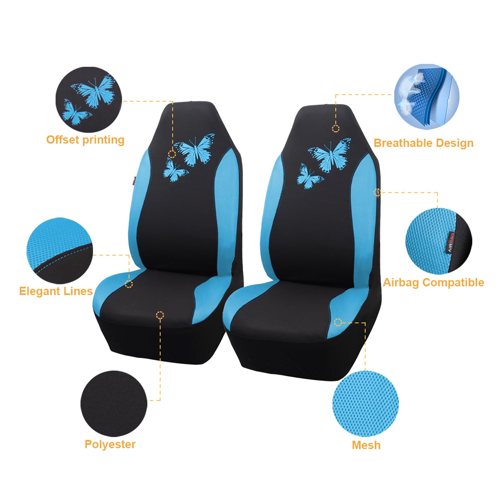 Flying Banner Butterfly Car Seat Covers Ful Set Fashion Universal Lady Woman Female Rear Bench Split Colorized (2 Fronts, Mint B