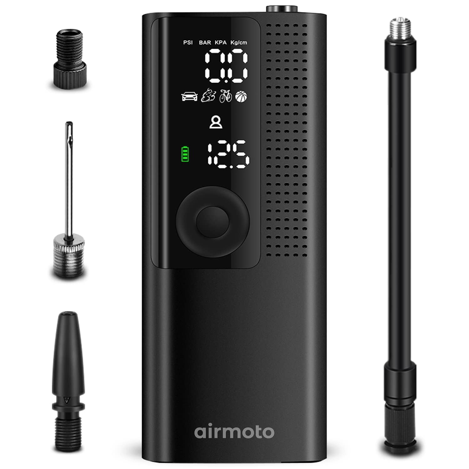 Airmoto Tire Inflator Portable Air Compressor - Air Pump For Car Tires With Tire Pressure Gauge (120 Psi) - One Click Smart Pump