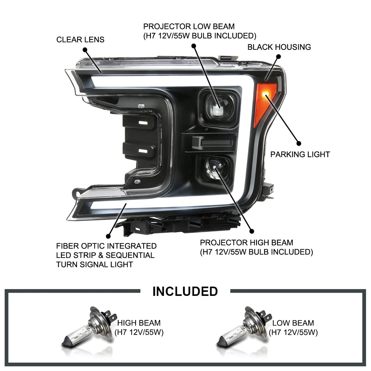 Spec-D Tuning Black Projector Headlights Led Sequential Signal Switchback Compatible With 2018-2020 Ford F150 Left + Right Pair Headlamps Assembly
