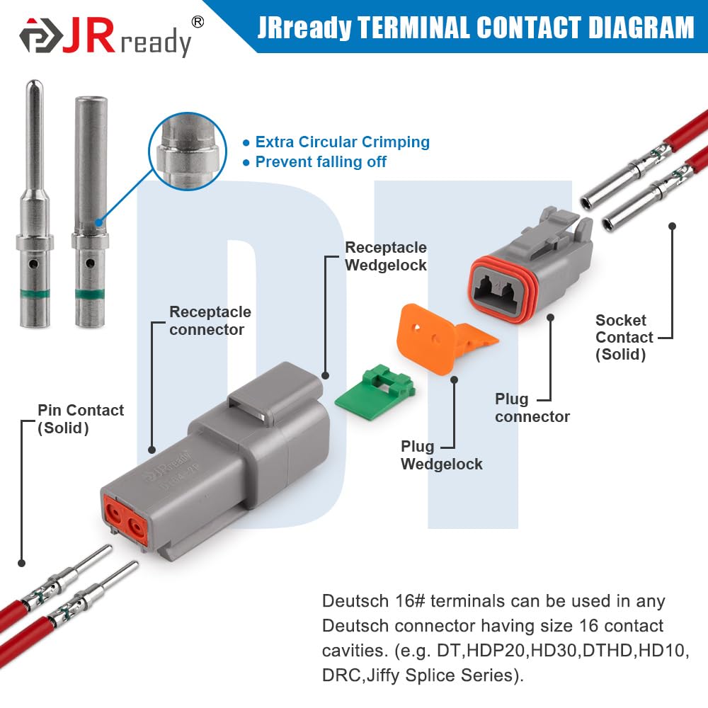 JRready Deutsch Connector 2 Pin Connector Kits with 16 Solid Contacts(14-20AWG),ST6328-2 DT Series Waterproof Connector 2 Pin 5