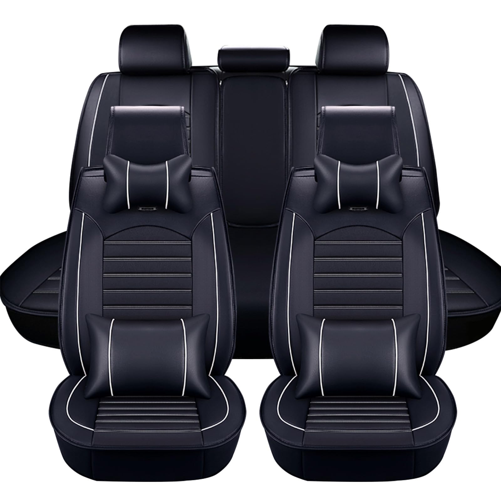 Otoez Seat Covers Full Set Faux Leather Car Seat Cover, 5 Seats Universal Waterproof Automotive Seat Protector Front And Back Seat Cushion Fit For Most Car Suv Seden (Black+White, With Pillows)