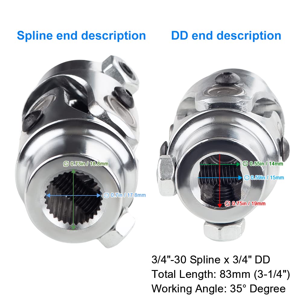 Wmphe Single Steering Shaft Universal U Joint 3/4'-30 Spline To 3/4' Dd, 83Mm (3-1/4') Working Angle 35°Degree