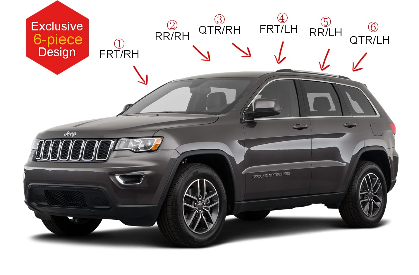 AUTO CLOVER Tape-On Rain Guards for Jeep Grand Cherokee 2014-2021, Black ABS Window Deflectors, 6 Pcs Set