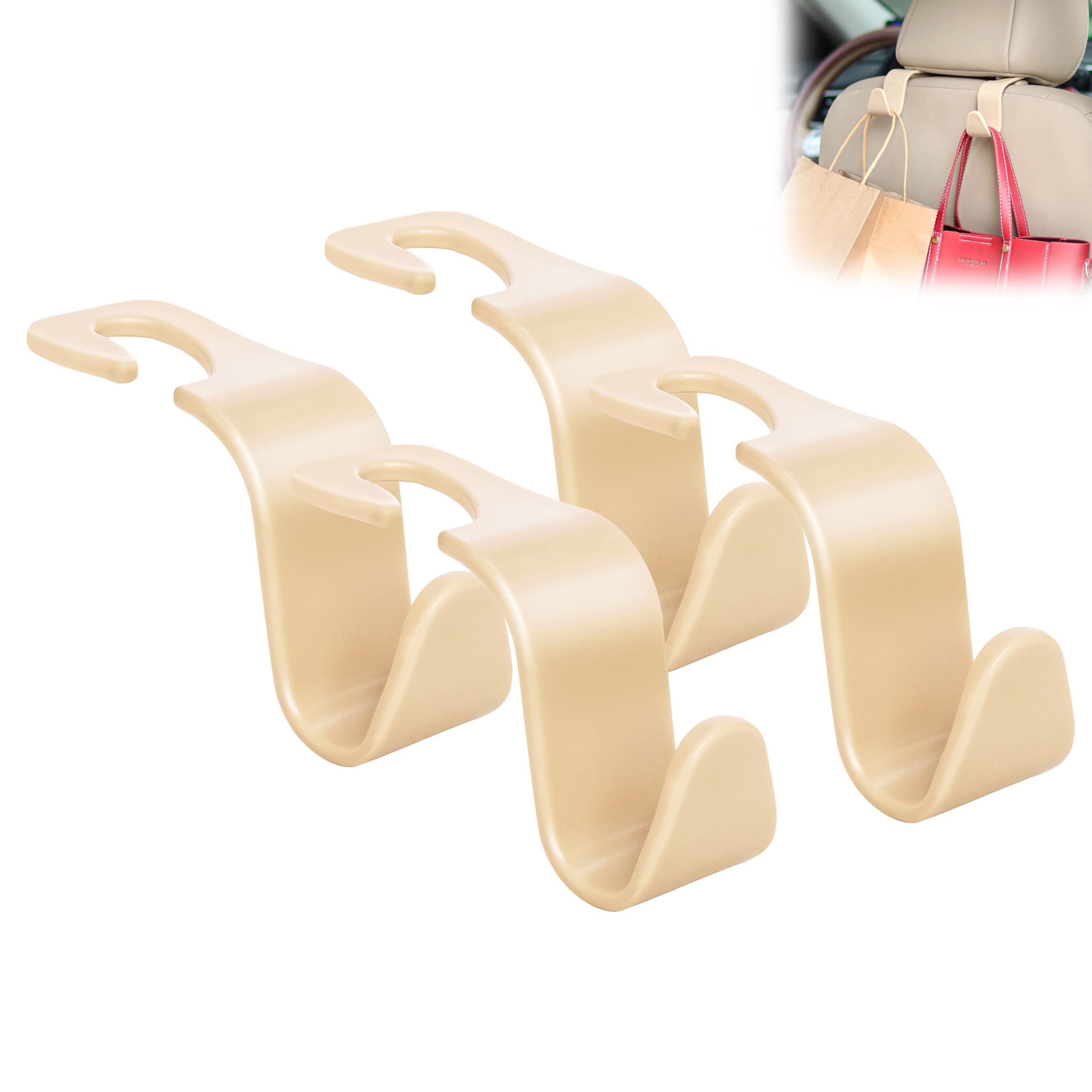 Amooca Universal Multifunctional Car Vehicle Headrest Hook, Organizer Hanger Storage Hook For Bag Purse Cloth Grocery (Beige Set